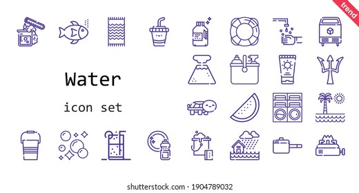 water icon set. line icon style. water related icons such as washing machine, cleaning, test tube, turtle, soft drink, beach towel, lifesaver, ice, fishes, flood, geyser, drink, bucket