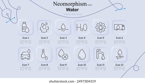 Water icon set in neomorphism style. Water bottle, splash, H2O, gear, truck, car wash, thermometer, no water, drop recycling, tap, vector line art