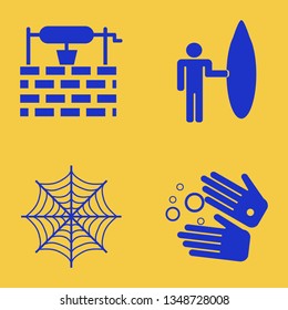 water icon set with spider web, wash hands and surfer with board vector illustration