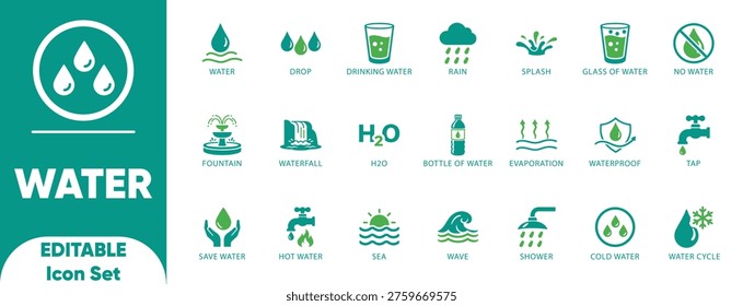Water icon set. splash, shower, wave, set, collection, tap, rain, drinking water, icon, and Solid vector collection.