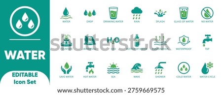 Water icon set. splash, shower, wave, set, collection, tap, rain, drinking water, icon, and Solid vector collection.