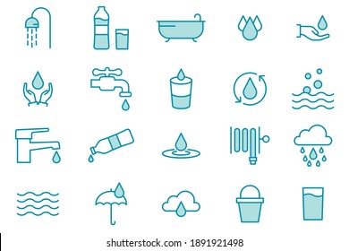 Water Icon Set In Thin Line Style. Vector Illustration.