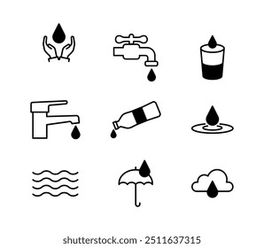 Water icon set in thin line style. illustration.  Vector