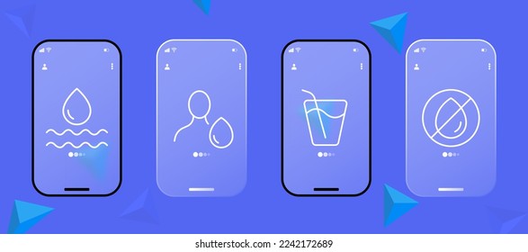 Water icon set. Thirst, soft drink, splash, liquid, thirst quencher, cocktails, drip, droplet, carbonated drinks. Water concept. Glassmorphism style. Ui phone app screen.