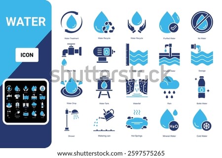 
Water icon set. water treatment, save water, water bottle and more. line icon style. essential element illustration Vector