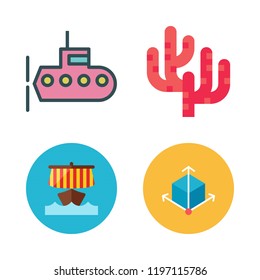 water icon set. vector set about viking ship, cube, coral and submarine icons set.