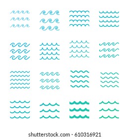 Water Icon Set. Vector Illustration.Set of wavy curvy lines.
