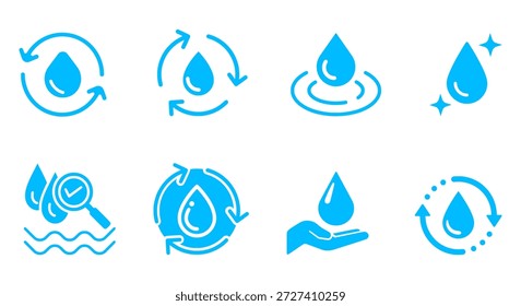 Water icon set in vector silhouette style showing conservation, purification, and cycle symbols for EPS eco and utility templates.