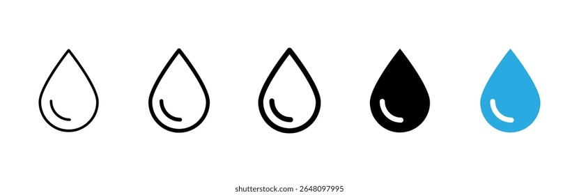 Water icon. Single blue water drop with rounded shine and teardrop shape vector illustration. Symbolizes fluid, hydration or moisture presence. Clean and pure liquid pictogram.