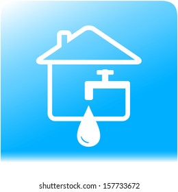 water icon. tap spigot with water drop and house on light blue water background