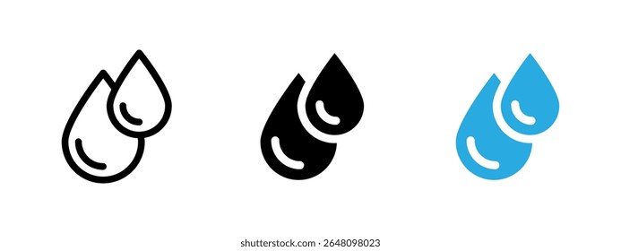 Ícone de água. Duas gotas de água sobrepostas com ilustração de vetor de detalhes de brilho arredondado. Representa o símbolo de fluido, hidratação ou superfície molhada. Pictograma de líquido limpo e fresco.