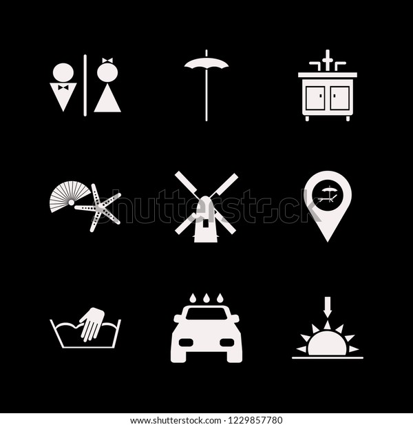 water icon. water vector icons set beach\
umbrella, hand washing, sunset and\
faucet