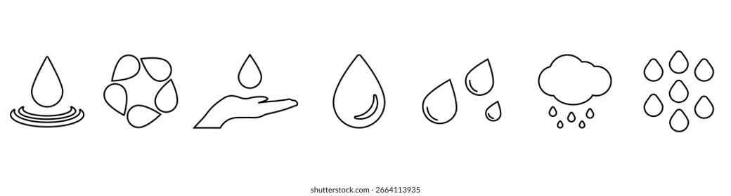Conjunto de Vector de icono de agua. Muestra de ilustración de agua limpia. Símbolo de lluvia. logotipo del agujero de riego.