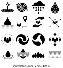 Ícone de água vetor definido. Coleção de sinais de ilustração de chuva. Símbolo de rega. Logotipo da Umidade.