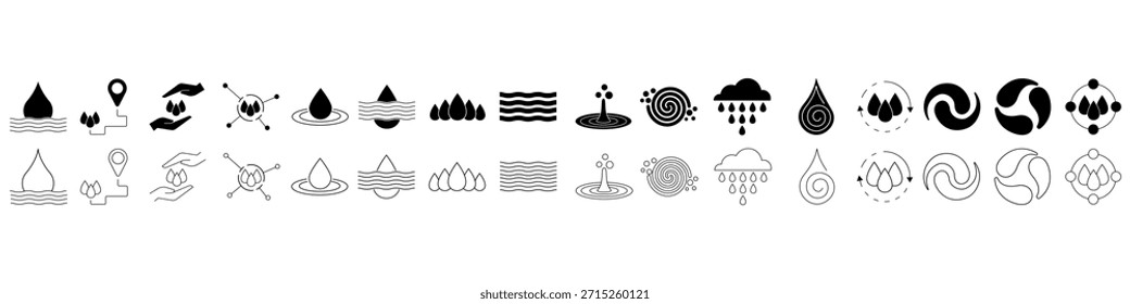 Ícone de água vetor definido. Coleção de sinais de ilustração de chuva. Símbolo de rega. Logotipo da Umidade.