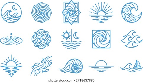 Conjunto de Vector de icono de agua con símbolos de arte de línea de concha de barca de ondulación de luna de sol de onda