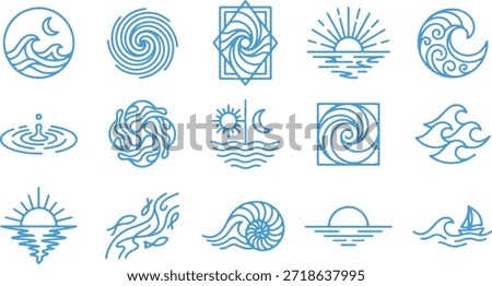 Water icon vector set with wave sun moon spiral ripple boat shell line art symbols