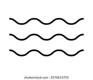 Water icon. Wavy parallel horizontal black lines sign isolated on white background. Ocean, sea or river water symbols. Air, wind or flow pictogram. Vector graphic illustration.