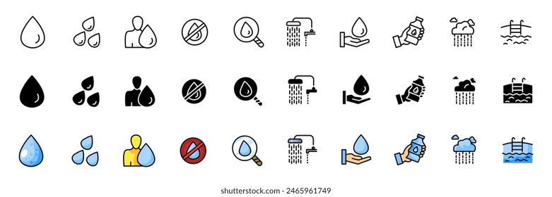 Water icons collection. Water drop icons. Linear, silhouette and flat style. Vector icons