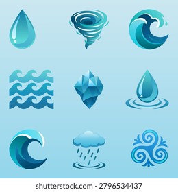 Water Icons Collection Set Drop Wave Cloud Iceberg Whirlpool Symbols