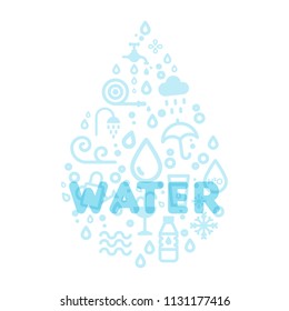 Water icons creating a drop shape. Translucent word water. Vector illustration, flat design
