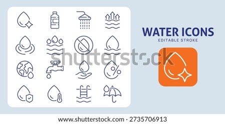 Water Icons. Editable Stroke. Set of thin line icons symbol collection.