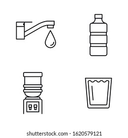 Water icons: faucet, bottle, water cooler dispenser, glass