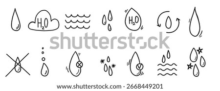 Water icons hand drawn set in doodle scribble style. Pure aqua resistant ecology drops. Clear Simple liquid minimalistic collection.