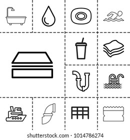 Water icons. set of 13 editable outline water icons such as soap, sponge, water drop, pipe, ship, pool ladder, shower, drink, swimming man