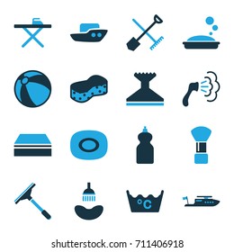 Water icons set. set of 16 water bi-color icons such as shovel and rake, beach ball, soap, boat, shower, shaving brush, window squeegee, sponge, ironing table, cleanser