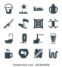 Water icons. set of 16 editable filled water icons such as no dry cleaning, ship, fishing rod, aquarium, water hose, axle with propeller, soda, geyser, man laying in sun