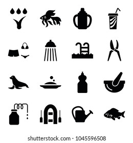 Water icons. set of 16 editable filled water icons such as fish, cleanser, watering can, bucket, swimsuit, shower, watering system, swimming pool, canister, seal, baby bottle