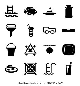 Water icons. set of 16 editable filled water icons such as canister, drink, swimming ladder, bucket, pond, water military, fish, soap, no bleaching, no dry cleaning