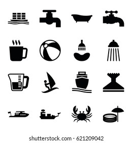 Water icons set. set of 16 water filled icons such as crab, mug, beach ball, shower, boat, tap, window squeegee, cargo ship, bath, decanted, inflatable pool and umbrella
