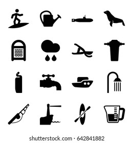 Water icons set. set of 16 water filled icons such as seal, boat, cleanser, sponge, shower, garden tools, watering can, decanted, rain, tap, rowing, lighthouse, surfing