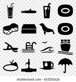 Water icons set. set of 16 water filled icons such as seal, umbrella, soap, sponge, soda, garden tools, water pipe, cargo ship, pond, tea, pool ladder, sea and gull, submarine