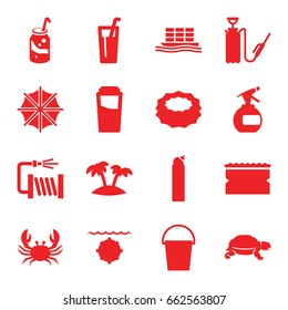 Water icons set. set of 16 water filled icons such as crab, turtle, spray bottle, drink, cleanser, sponge, soda, bucket, harden hose, cargo ship, palm