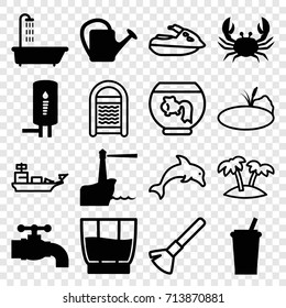 Water icons set. set of 16 water filled and outline icons such as crab, shower, watering can, drink, tap, geyser, lighthouse, shaving brush, sponge, palm, pond, dolphin