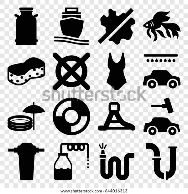 Water icons set. set of\
16 water filled icons such as canister, fish, no wash, sponge, car\
wash, no dry cleaning, pipe, water hose, cargo ship, waterslide,\
tap, lifebuoy