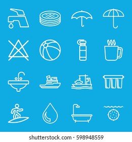 water icons set. Set of 16 water outline icons such as mug, beach ball, shower, tap, no bleaching, sink, cargo ship, jacuzzi, umbrella, drop, filter, surfing, boat