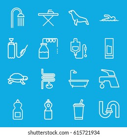 Water icons set. set of 16 water outline icons such as turtle, seal, canister, pipe, ironing table, shower, cleanser, tap, harden hose, drop counter, drink, heating system