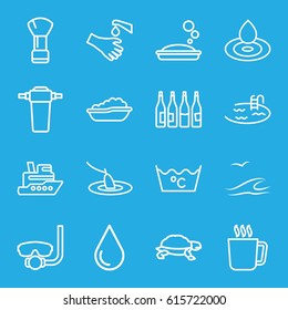 Water icons set. set of 16 water outline icons such as mug, turtle, bottle, baby bath, shaving brush, water drop, pool, soap, laundry, hands washing, tap, sea and gull