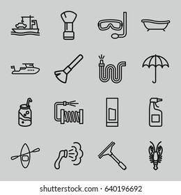 Water icons set. set of 16 water outline icons such as umbrella, crab, shaving brush, boat, window squeegee, shower, cleanser, soda, water hose, cargo ship, bath, drink