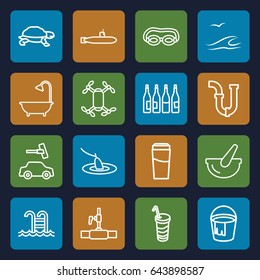 Water icons set. set of 16 water outline icons such as turtle, bottle, drink, bucket, car wash, shower, pipe, water pipe, swimming pool, sea and gull, fishing, submarine