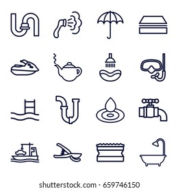 Water icons set. set of 16 water outline icons such as umbrella, shower, water drop, teapot, pipe, sponge, garden tools, cargo ship, tap, jet ski, snorkel