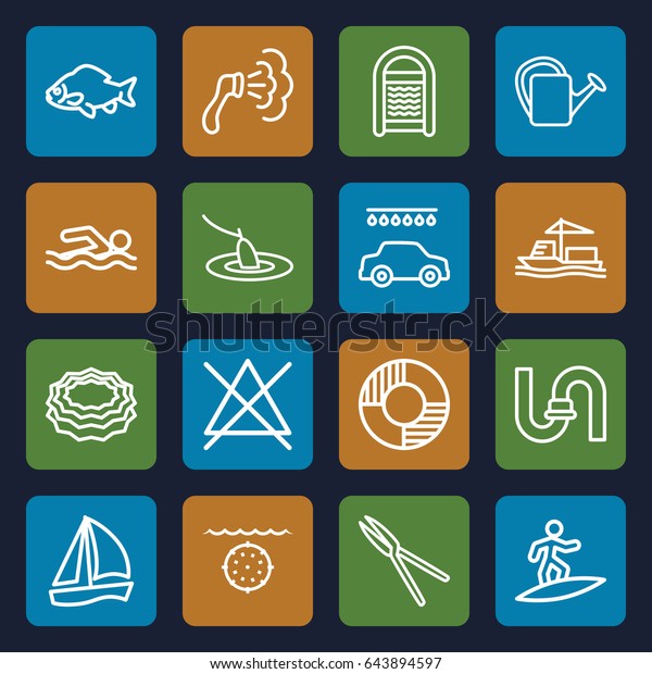 Water icons set.\
set of 16 water outline icons such as fish, pipe, shower, sponge,\
car wash, no bleaching, garden tools, watering can, cargo ship,\
lifebuoy, surfing,\
fishing