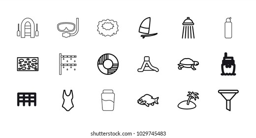 Water icons. set of 18 editable outline water icons: fish, turtle, sponge, filter, swim suit, waterslide, shower, windsurfing, lifebuoy, island, drink, cleanser