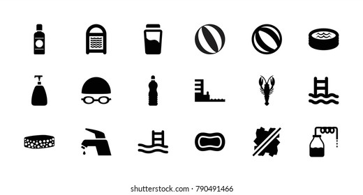 Water icons. set of 18 editable filled water icons: canister, crab, soap, sponge, beach ball, pool ladder, swimming ladder, jacuzzi, harbor, swimming hat and glasses, bottle