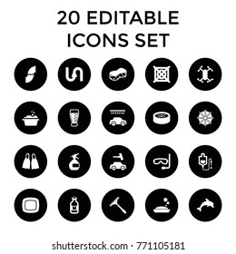 Water icons. set of 20 editable filled water icons such as spray bottle, soap, window squeegee, pipe, sponge, car wash, no dry cleaning, drop counter, milk