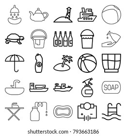 Water icons. set of 25 editable outline water icons such as bottle, turtle, beach ball, spray bottle, bucket, ship, electricity, umbrella, swimming pool, drink, island